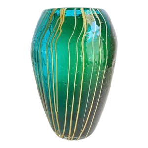 Vintage Art Glass Vase Bullicante Teal Green Ombre Yellow Threaded Stripe