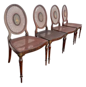 Set of 4 Late 1800s English Adams Hand-Painted Cane-Back Dining Chairs