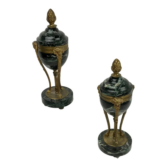 Louis XVI Style Black Marbled With Gold Lidded Cassolettes - a Pair For Sale