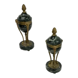 Louis XVI Style Black Marbled With Gold Lidded Cassolettes - a Pair