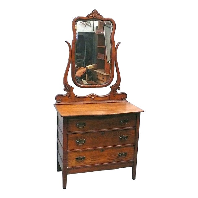 Antique Serpentine Tiger Oak Dresser with Mirror, 1890s For Sale