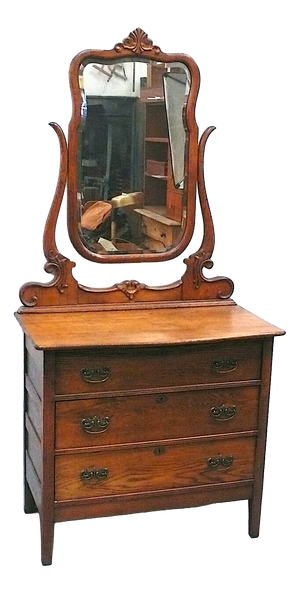 Antique Serpentine Tiger Oak Dresser with Mirror, 1890s