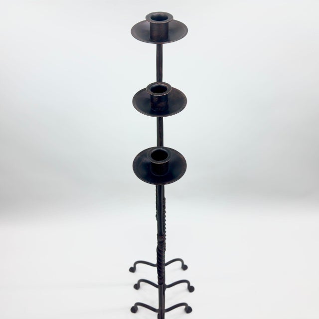 Hand Forged Iron Candelabra Set of 3 (93-113cm) Antique Copper Finish Barley Twist Stem with Deep Cylindrical Cups For Sale - Image 4 of 9