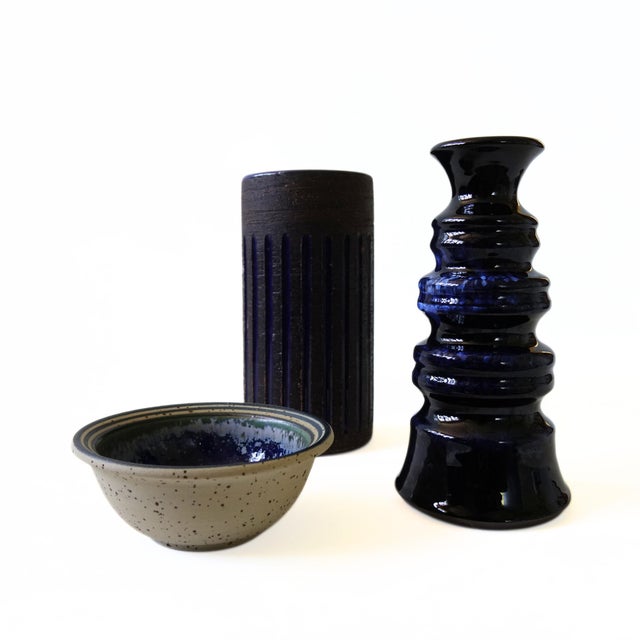 Vintage Unique Handmade Blue Glazed Vase by K.Hedin Leksand Sweden Mid-Century