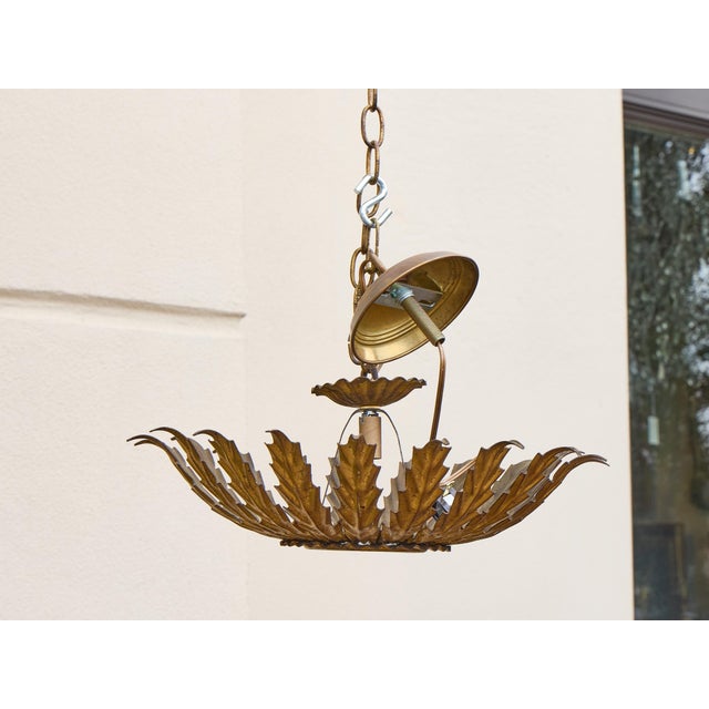 1950s Spanish Gilt Metal Leaf Light Fixture with Frosted Glass For Sale - Image 4 of 11