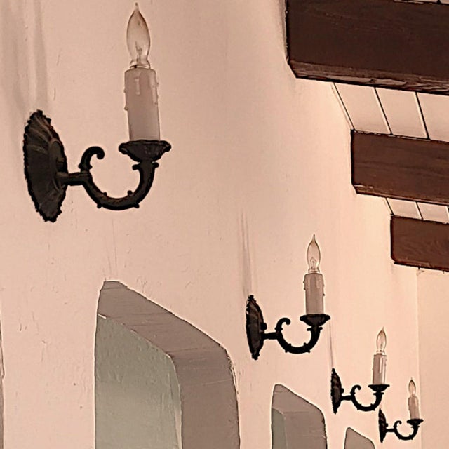 Set of 4 1920s Spanish Revival Post Gothic Cast Iron Single Light Faux Candle Wall Sconces For Sale - Image 4 of 5