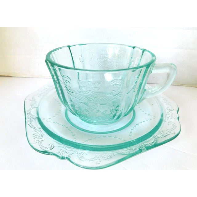 1970s Vintage Indiana Depression Glass Tea Cup and Saucer, Set of Two, Recollection, Teal Blue Madrid Pattern 70's For Sale - Image 5 of 12