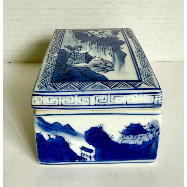 Ceramic Vintage Blue & White Chinoiserie Porcelain Lidded Trinket Box With Landscape Scene For Sale - Image 7 of 9
