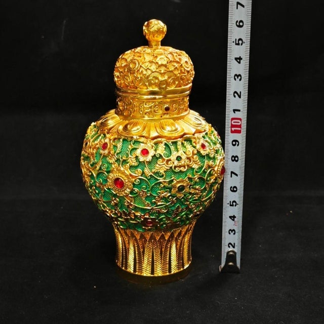 Late 20th Century Ornate Gilt Ginger Jar, Green Enamel & Jewel Inlay Lidded Vessel, Chinoiserie Tabletop Decor For Sale - Image 5 of 9