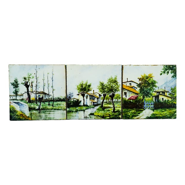 Roman Ceramic Tiles with Painted Landscape, Monterotondo, 1940s, Set of 3 For Sale