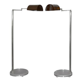 1960 Vintage Bauer Lamp Co. Swing-Arm Pair Pharmacy Floor Lamp Plexi Base-With Built in Rheostat Dim For Sale