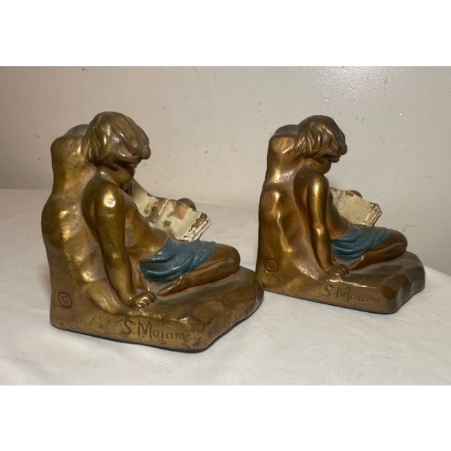 Large Pair Antique Armor Patinated Bronze Clad Co. Cherub Boy Reading Bookends For Sale - Image 10 of 12