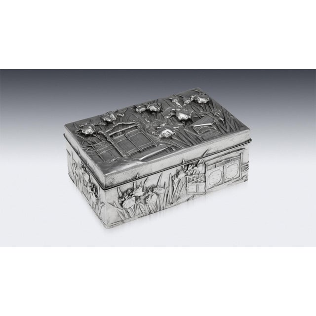 Antique Meiji Japanese Silver Iris Flower Cigar Box by Zuan, 1900 For Sale - Image 3 of 18
