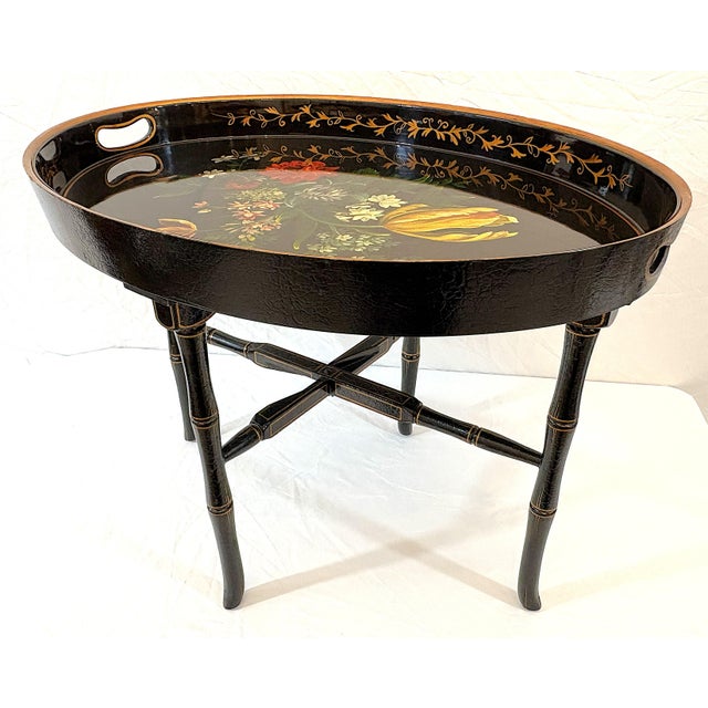 Black Late 20th Century Regency Chinoiserie Style Lacquer and Faux Bamboo Folding Tray Table For Sale - Image 8 of 18