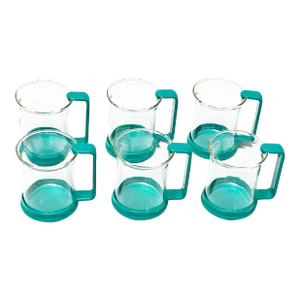 Ultra Modern Glass Mugs With Blue/Green Contemporary Handles & Bases - 6 Pieces