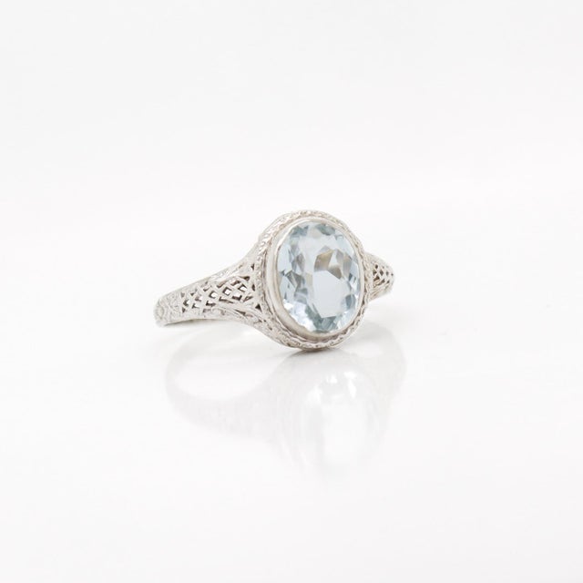 American Antique Signed 14k White Gold & Oval Cut Aquamarine Edwardian Filigree Ring For Sale - Image 3 of 12