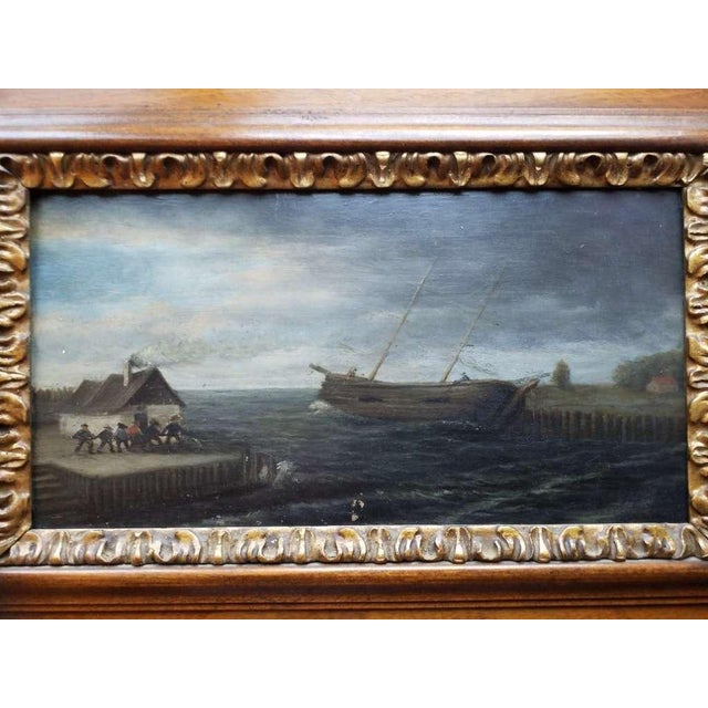 Flemish School Coastal Marine Scene, Fishermen Hauling a Boat Ashore, Early 18th Century, Oil on Oak Panel For Sale - Image 7 of 12