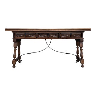20th Century Spanish Console Folding Table With Iron Stretcher and Three Drawers For Sale