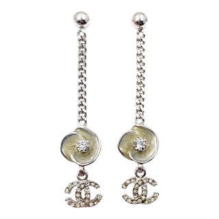 Chanel Ivory Enamel Camellia CC Crystal Chain Dangle Piercing Earrings - 2 Pieces For Sale