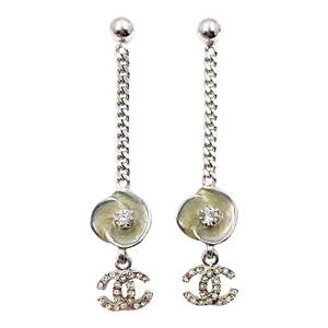 Chanel Ivory Enamel Camellia CC Crystal Chain Dangle Piercing Earrings - 2 Pieces