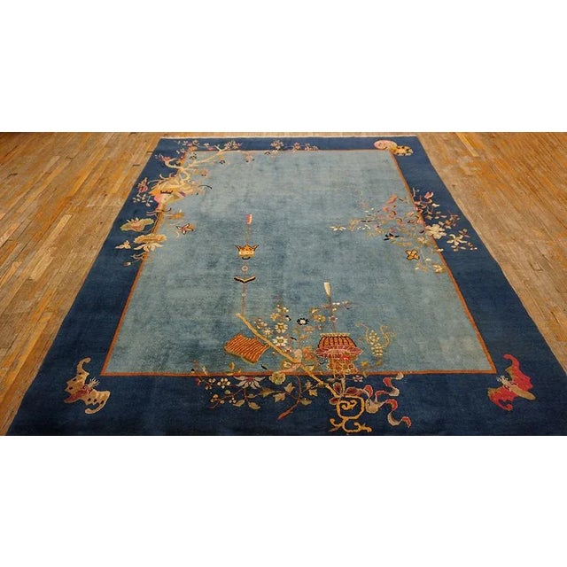 1920s Chinese Art Deco Carpet ( 8' x 9'9" - 244 x 298 ) 1920s Rectangle Hand Knotted Pile Wool Floral Antique Blue Rug,...