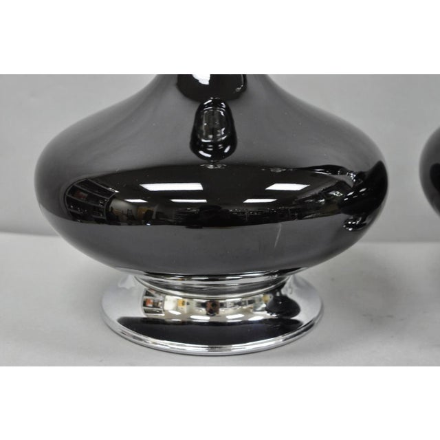 Vintage Mid Century Modern Black Glazed Ceramic & Chrome Table Lamps - A Pair For Sale - Image 9 of 12