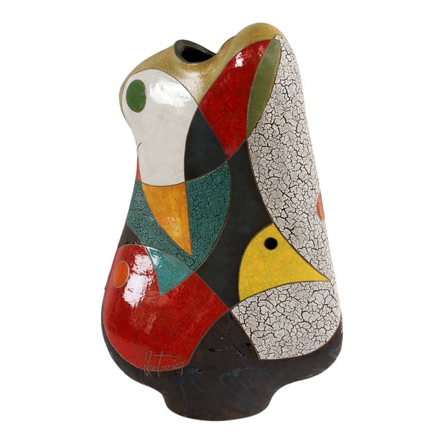 "Future Changes" by Michael Gustavson, Raku Ceramic Vessel, Cubist-Inspired, Red Teal and Cream Glaze, Contemporary California Art, Vibrant Colors For Sale