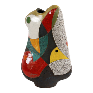 "Future Changes" by Michael Gustavson, Raku Ceramic Vessel, Cubist-Inspired, Red Teal and Cream Glaze, Contemporary California Art, Vibrant Colors