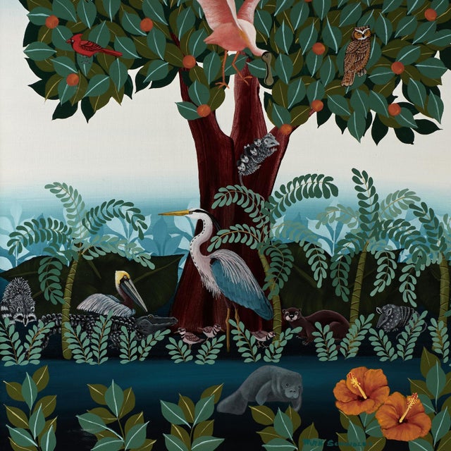 Vintage Modernist Painting of a Tree With Birds and Fruit by Ruth Schindler For Sale - Image 4 of 11