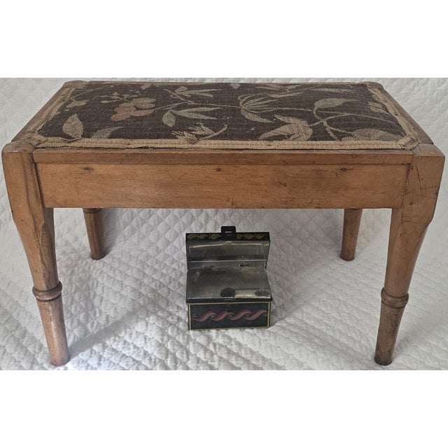 Folk Art Early 19th Century Upholstered Wooden Footstool With Turned Legs For Sale - Image 3 of 6