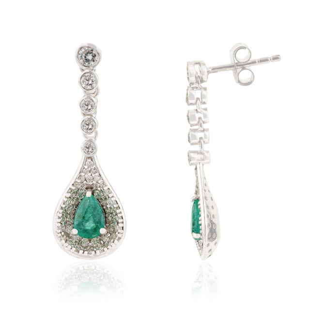 Luxury Pear Cut Zambian Emerald & Diamond Halo Drop Earrings in 14k White Gold- A Pair For Sale - Image 4 of 11