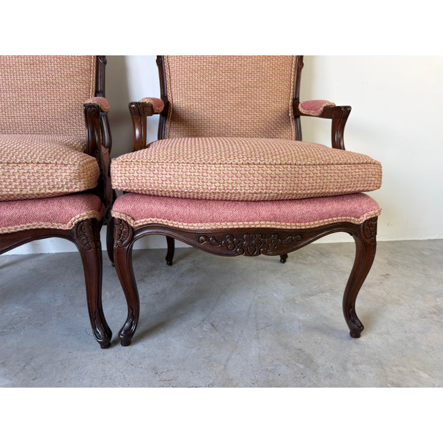 Pink Vintage French Provincial Louis XV Style Carved Walnut Armchairs – A Pair For Sale - Image 8 of 11