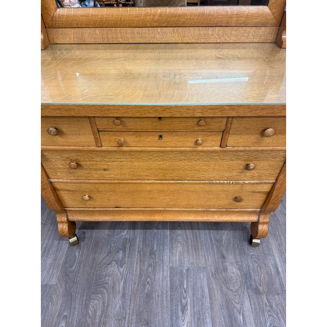 Antique American Empire Revival Oak Lowboy Dresser Chest of Drawers With Mirror For Sale - Image 17 of 18