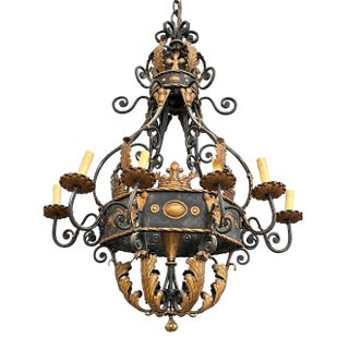 Antique French Gothic Revival Crown Chandelier Wrought Iron 12 Lights For Sale