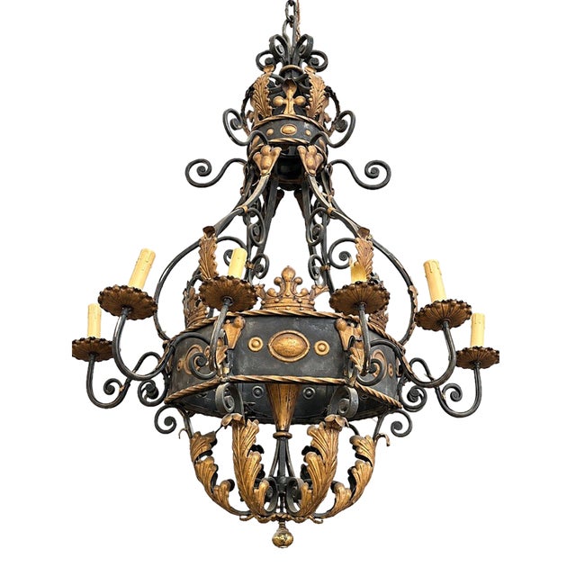 Antique French Gothic Revival Crown Chandelier Wrought Iron 12 Lights For Sale