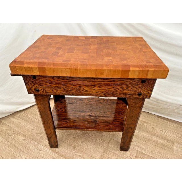 Vintage Butcher Block Carving Table Oak Base With Drawer Shelf End Cut Maple Top For Sale - Image 9 of 15