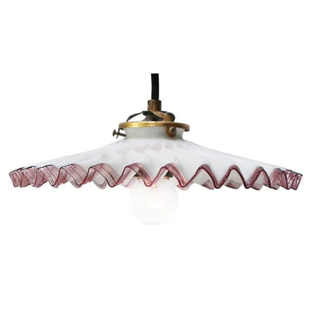 French Brass Pendant Light with Purple Edge Opaline Glass Shade For Sale - Image 6 of 6