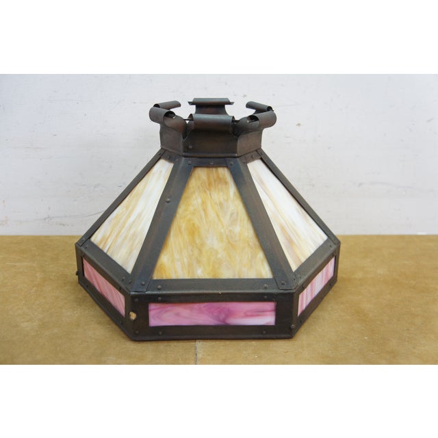 Glass Antique Arts & Crafts Octagonal Caramel & Pink Slag Glass Panel Lamp Shade 17" For Sale - Image 7 of 15
