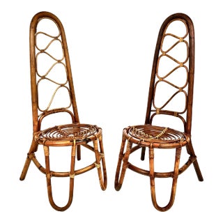 Mid Century High Back Rattan Chairs- a Pair For Sale