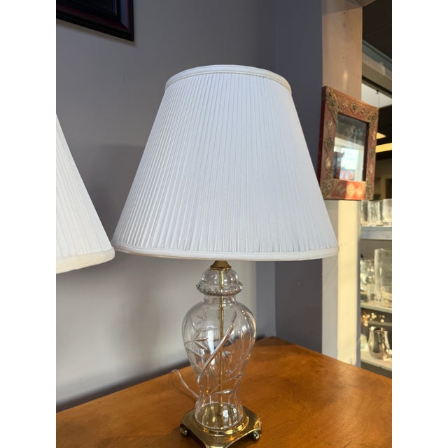 Vintage Pair Cut Crystal and Brass Table Lamps With Pleated Silk Shades For Sale - Image 11 of 18