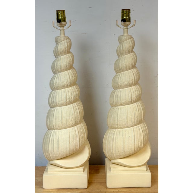 1980s Hollywood Regency Spiral Seashell Form Plaster Table Lamps - a Pair For Sale - Image 14 of 15