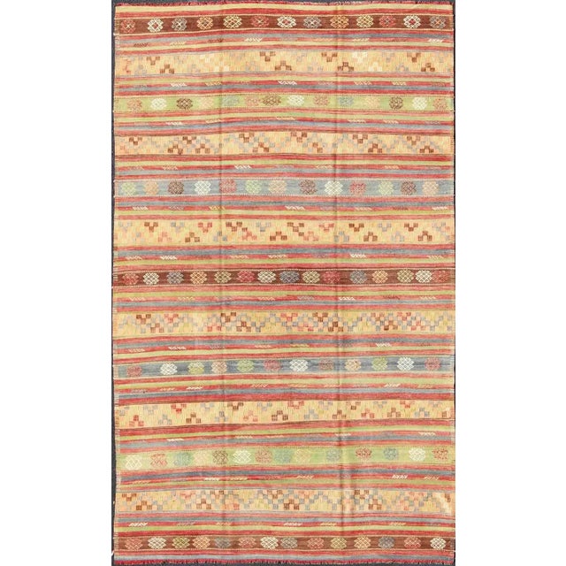 Mid 20th Century Large Multicolored Vintage Turkish Kilim Rug With Geometric Shapes and Stripes Design For Sale - Image 13 of 13