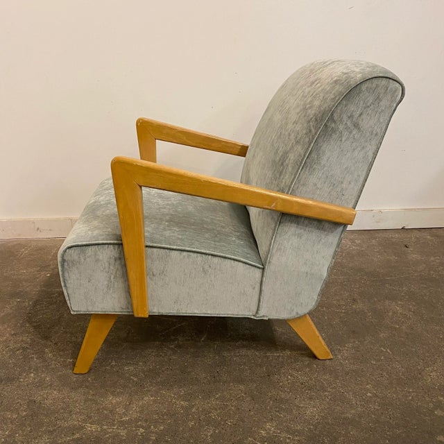 Mid Century Modern reupholstered arm chairs Reupholstered in a teal crushed velvet crypt on fabric. The legs and arms are...