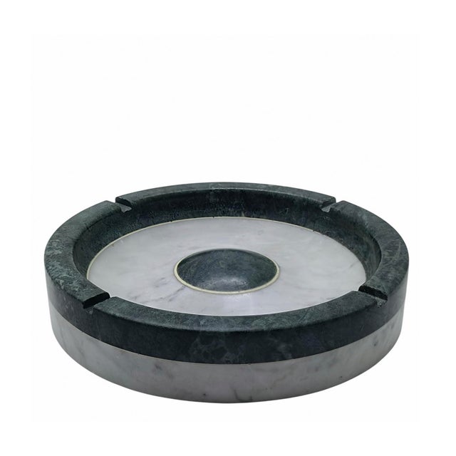 A round ashtray crafted from Portuguese green marble with Carrara white veining, featuring a sophisticated mid-century...