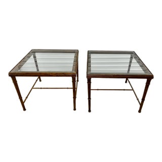 1980s Italian Hollywood Regency Faux Bamboo Gold Gilt Iron and Glass End Tables - a Pair For Sale