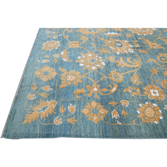 Modern Oversize Oushak Blue Handmade Tribal Floral Wool Rug For Sale - Image 4 of 10