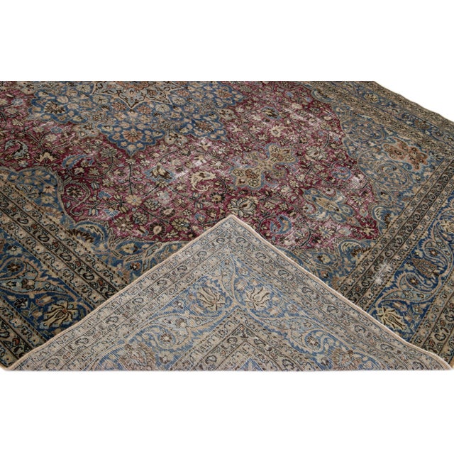 Textile 1920s Antique Handmade Red & Blue Mashad Persian Wool Rug With Rosette Motif For Sale - Image 7 of 8