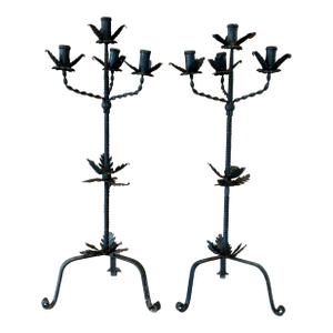 Late 19th Century Monumental Rustic European Forged Iron Floor Candelabras-Pair