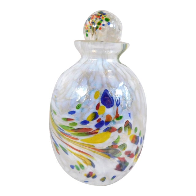 1980s White and Multicolor Art Glass Perfume Bottle For Sale