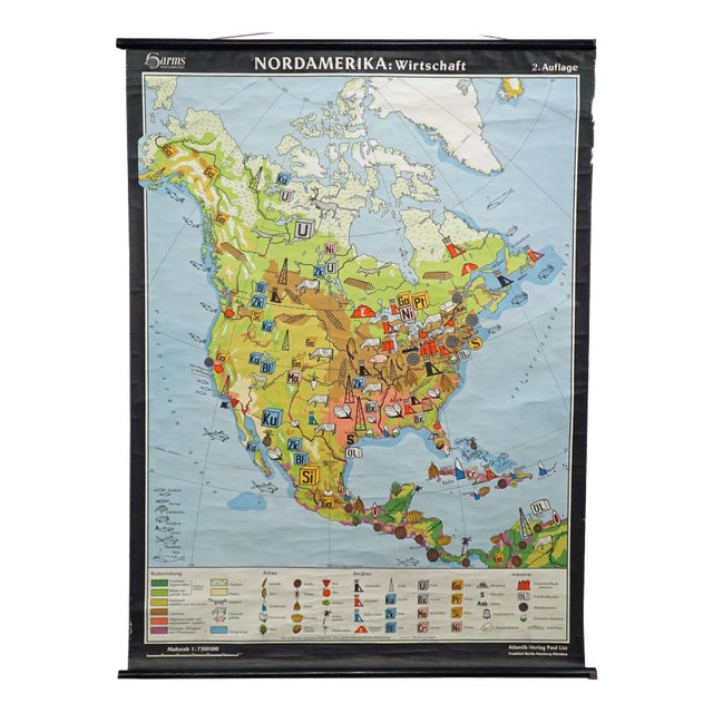 Vintage North America Economy Map, 1970s For Sale